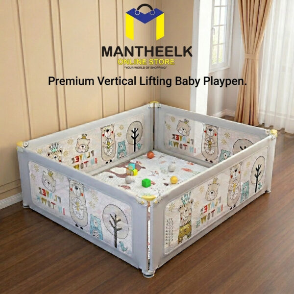 Premium Soft Grey Baby Playpen size 1.8m x 2.0m with Vertical Lifting Safety Fence